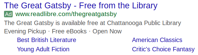 Image of a Google ad for the The Great Gatsby and the Chattanooga Public Library