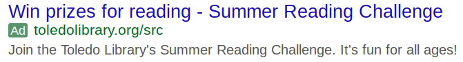 Image of a Google ad for the Summer Reading Challenge at the Toledo-Lucas County Public Library