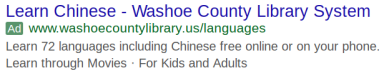 Image of a Google ad for learning Chinese at the Washoe County Library System