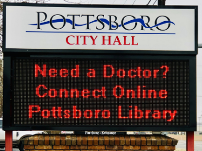 pottsboro library sign announcing telehealth