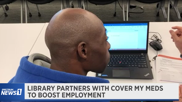Screenshot from news broadcast about Columbus Metropolitan Library partnership with CoverMyMeds