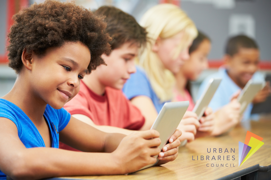 Urban Libraries Council logo with kids reading on tablets