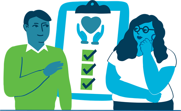 illustration of two people talking near a clipboard with a health checklist