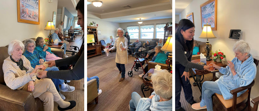 three images depicting two women from the library outreach team showing yarn to a room full of seniors and passing it around for everyone to touch and feel