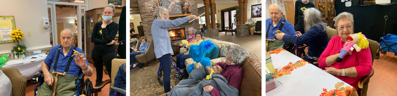 three images, from left to right: a senior man in a wheelchair holding a finger puppet, a woman demonstrating a puppet to several seniors seated on a couch, and a smiling woman holding a hand puppet