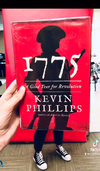 Instagram Reels screenshot of a person lined up to match the cover of the book 1775: A Good Year for Revolution by Kevin Phillips