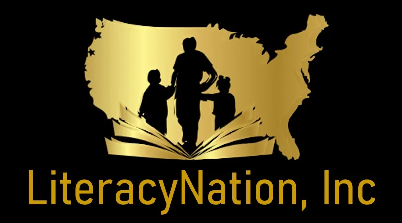 Literacy Nation logo with image of map of United states, book, and three people in silhouette