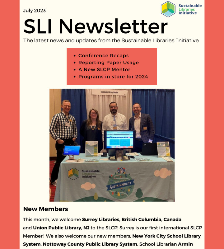 July 2023 SLI Newsletter cover image with four people standing at a display booth and text describing the newsletter contents