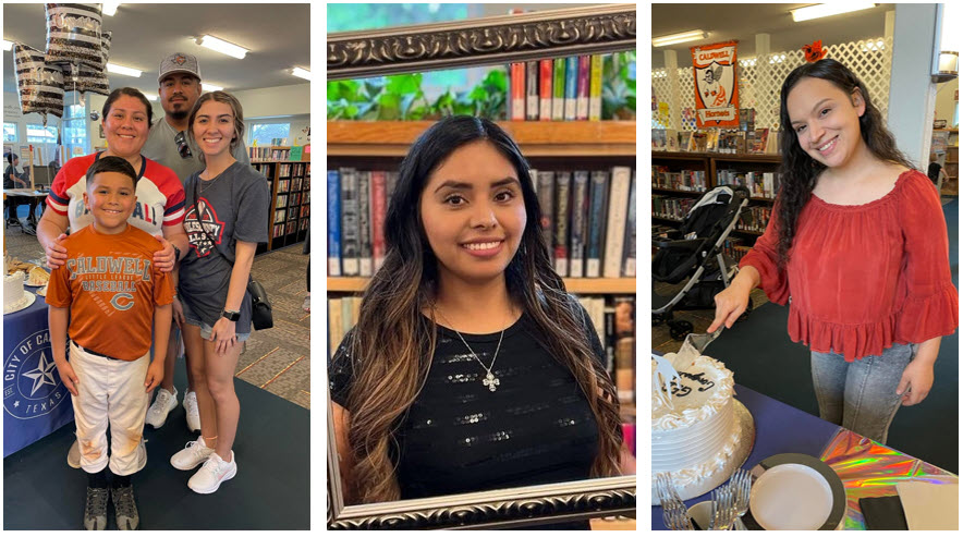 Three photos showing, in order: a group of four people in front a cake table, a smiling woman posing with a decorative frame around her upper body, and a smiling woman cutting a graduation cake