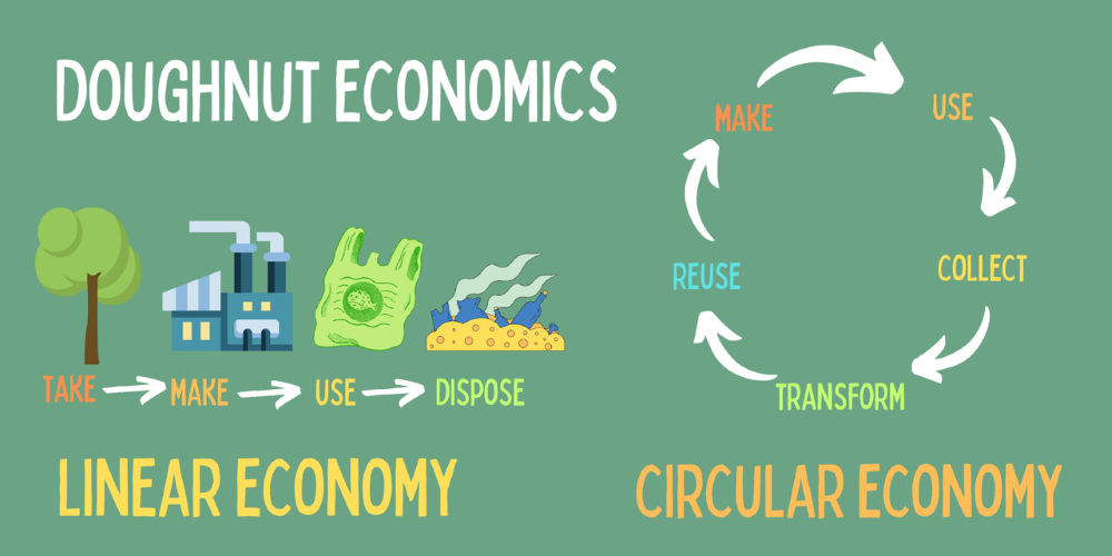 Title that reads ‘Doughnut economics,’ with an infographic of a linear economy (take, make, use, dispose) and a circular economy (make, use, collect, transform, reuse)