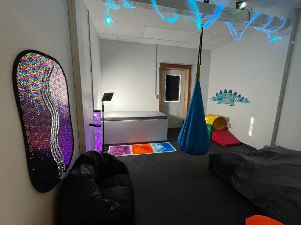 sensory room with a swing chair, SAD lamp, crash pad, and other sensory items