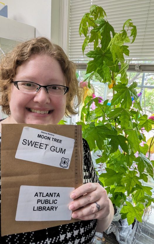 person standing in front of a tree sapling and holding a package that reads: ‘Moon tree – sweet gum’