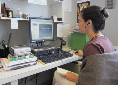 Rachel Kubie. Librarian. She has been taking online classes at webcast.berkeley.edu on the history of information. Here she is beginning a course on Free Speech and the Press.