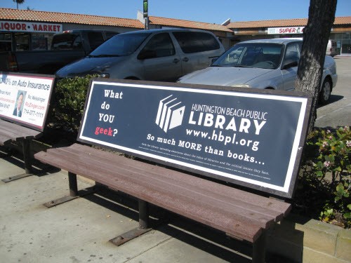 Bus stop advertising in Huntington Beach, California