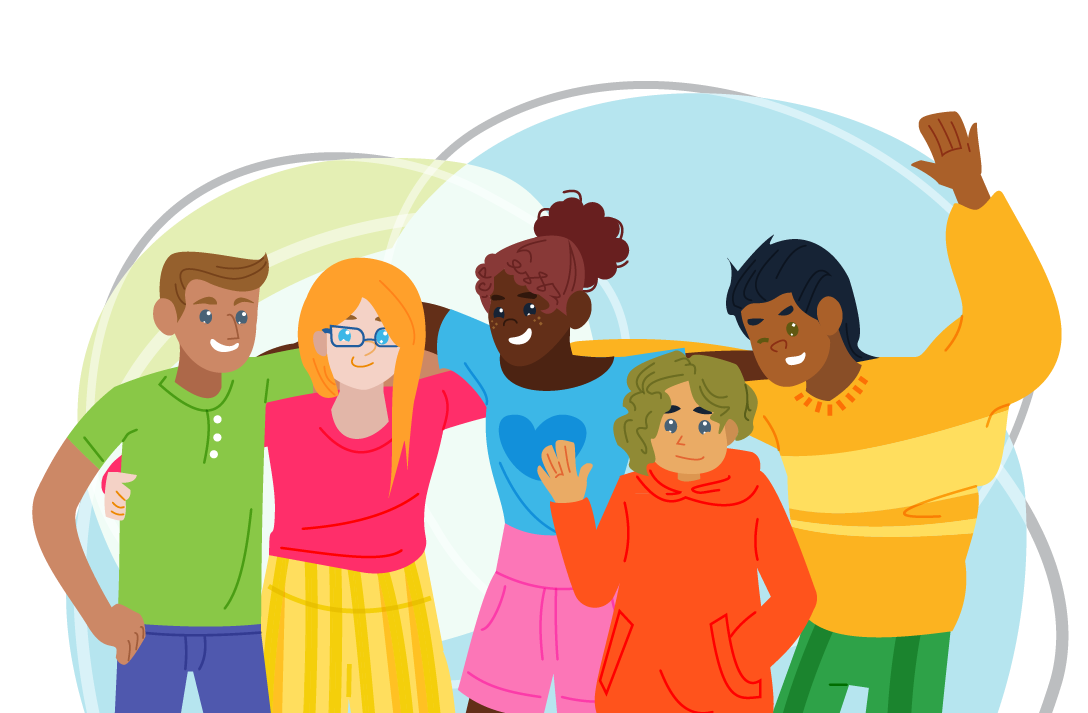 Illustration of five smiling teens with their arms around each other