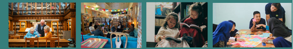 4 different photos showing a variety of people talking, collaborating, and engaging at the library