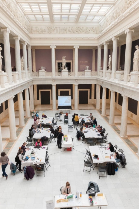 Overhead view of participants sitting at tables for a Wikipedia editing event in the Hall of Sculpture at the Carnegie Museum of Art. Overhead view of participants sitting at tables for a Wikipedia editing event in the Hall of Sculpture at the Carnegie Museum of Art.