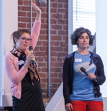 Photo of Moretta and Davis speaking a the Bay Area WikiSalon.