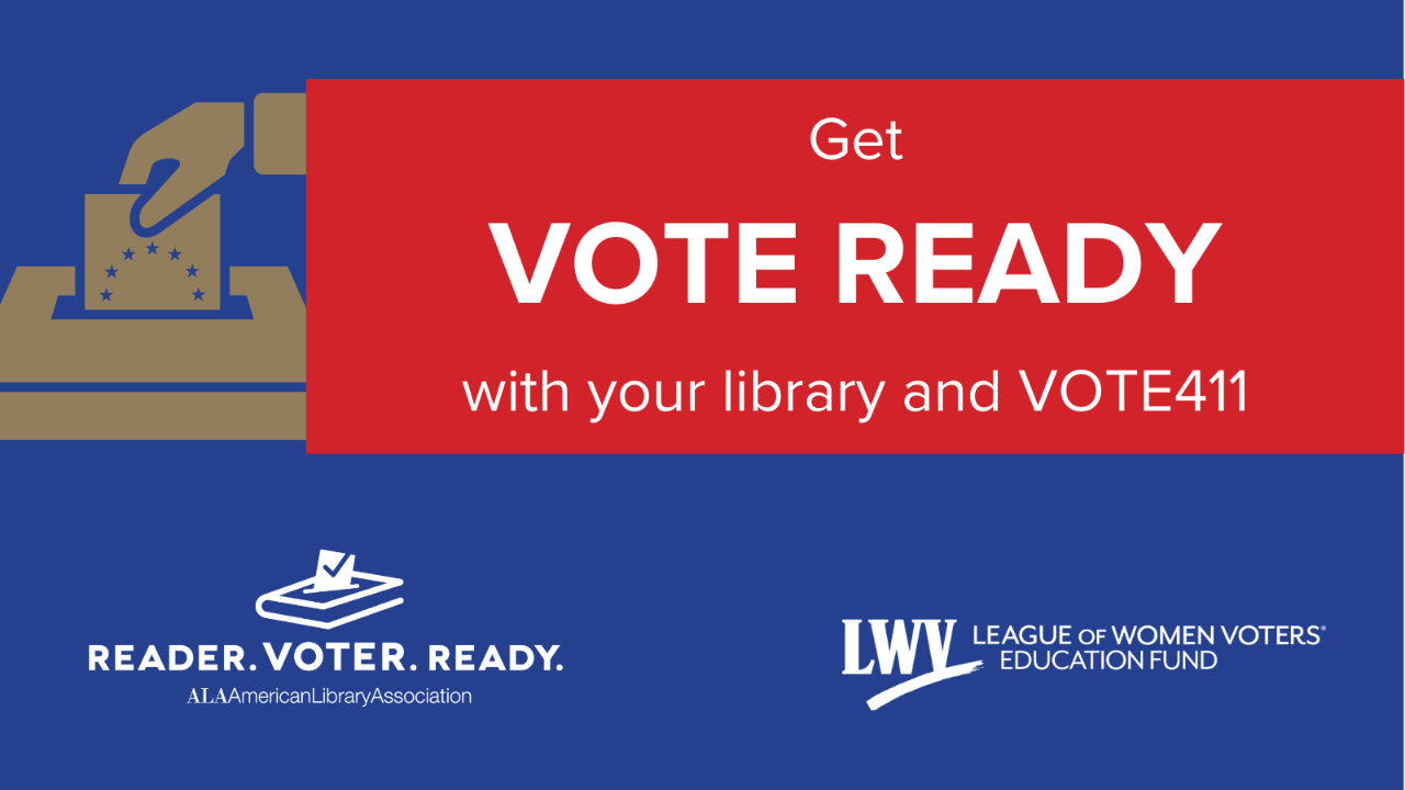 Illustrated hand putting a ballot into a box, with the words “Get vote ready with your library and VOTE411’