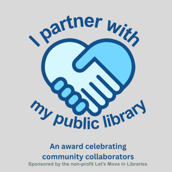 I partner with my public library logo with two hands and the subtitle, ‘an award celebrating community collaborators’