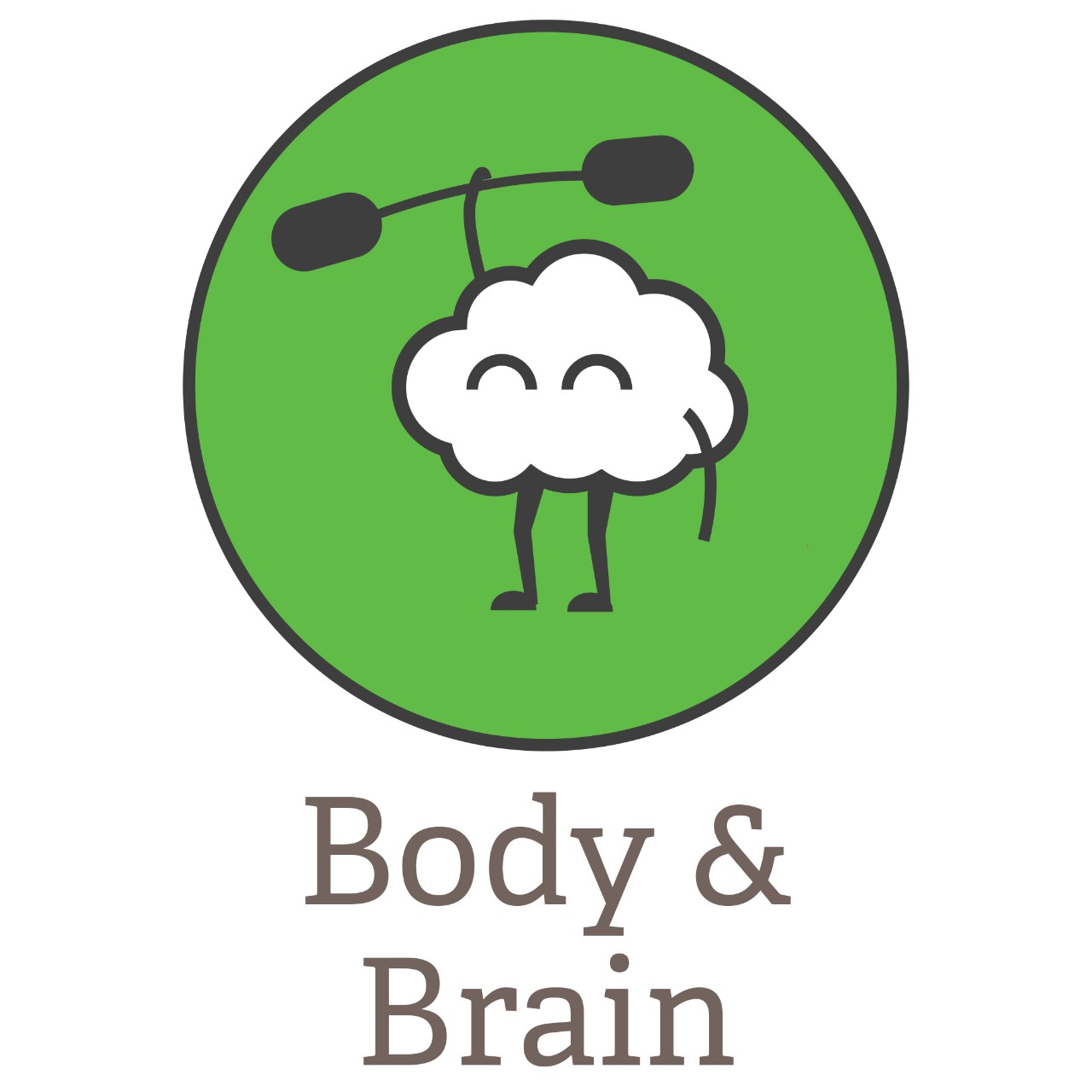 Anthropomorphic brain holding a dumbbell with the words 'body and brain'