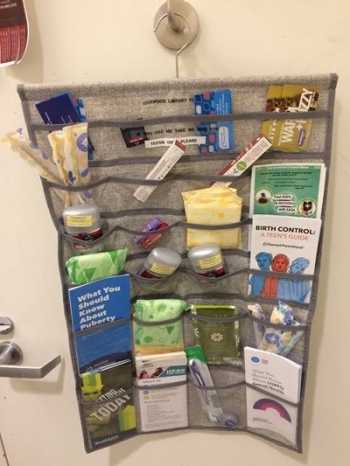 teen-hygiene-health-center-closeup Photo of hygiene products and pamphlets for teens.