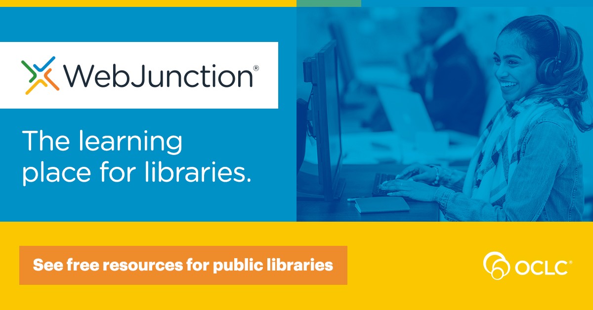 Two people sitting at computer workstations, with a filter overlay and the words 'WebJunction: The learning place for libraries' and ' See free resources for public libraries'